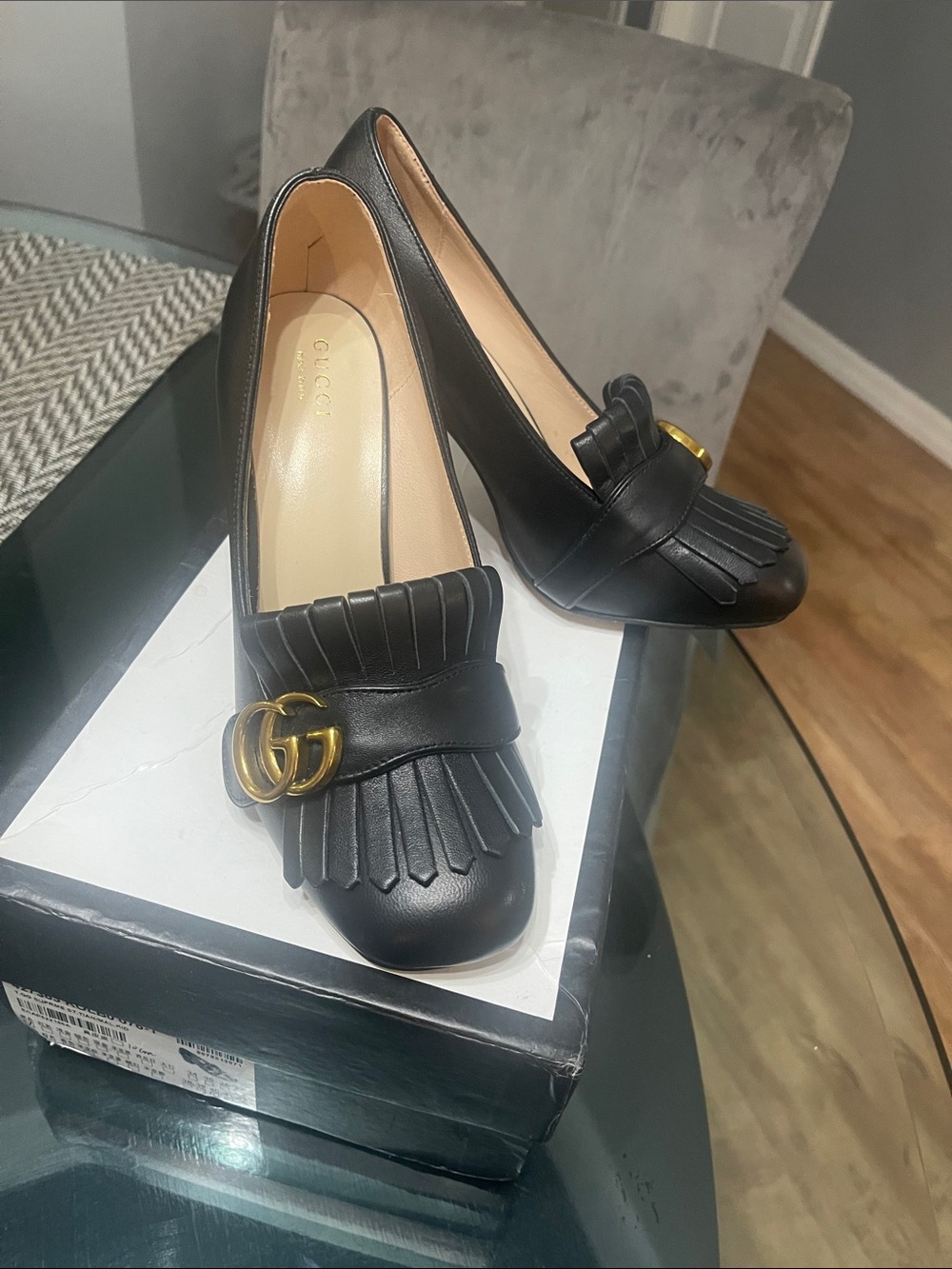 GG Inspired Black Leather Pump with Gold Double -size 40/8.5/9